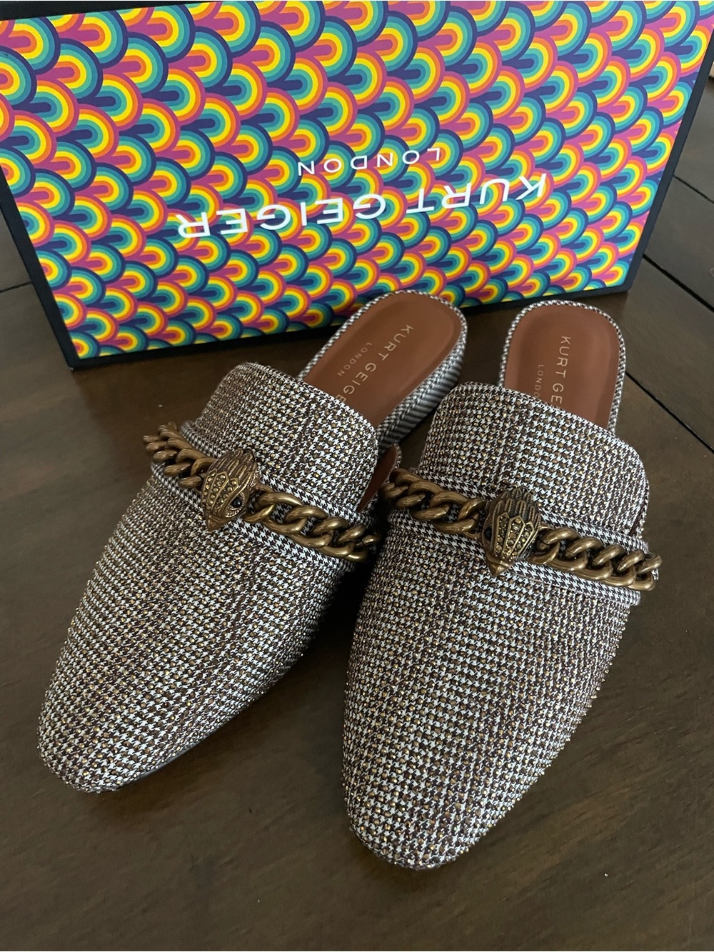 Kurt Geiger Tweed Pointed- Toe Chain-Trim Mules in Brown